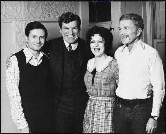 Jerry Herman, Robert Preston, Bernadette Peters and Michael Stewart in rehearsal for 'Mack & Mabel' (1974).
